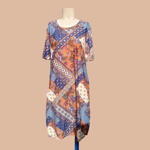 Bobby Brooks Dress XL Knee High Patchwork Boho Paisley Peasant Stretchy Soft
